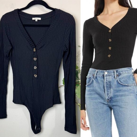 Z SUPPLY | Ribbed Black Button Bodysuit | Large | V-Neck Long Sleeve - Picture 1 of 10